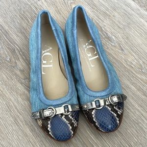 AGL Denim Snake-print Cap Toe Ballet Flats